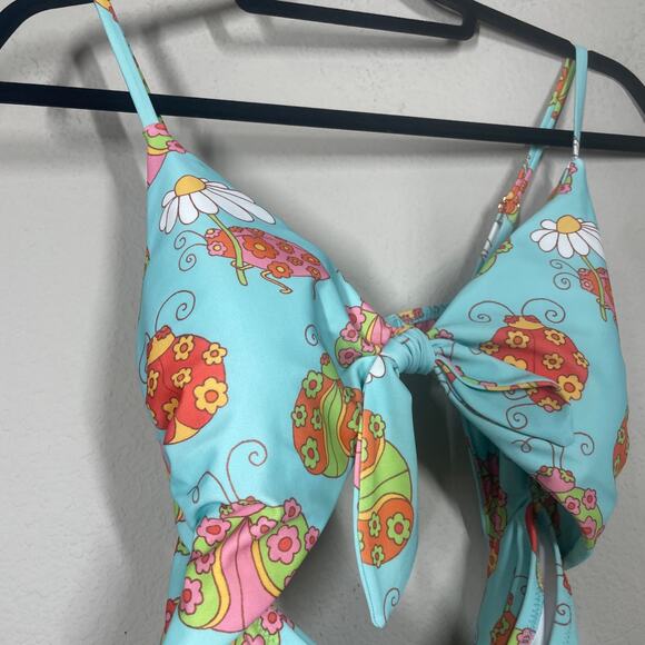ModCloth Size Large The Siena One-Piece Swimsuit Blue Floral Tie Front Ladybug - Picture 4 of 10